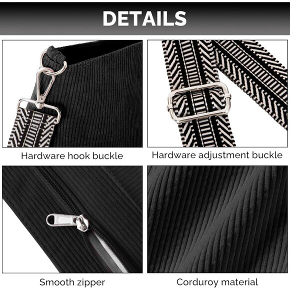 Women’s Black Corduroy Tote Shoulder Bag with Adjustment Straps And Zipper - Picture 5 of 7